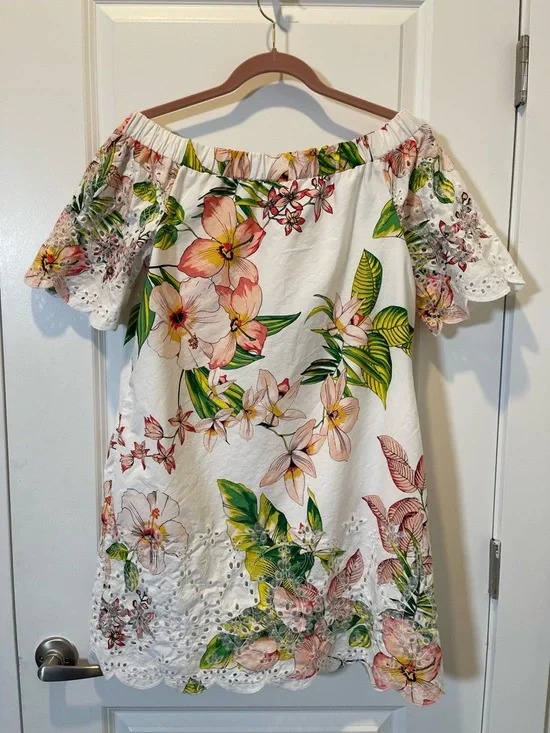 New York & Company White Floral Off-Shoulder Eyelet Mini Dress - Picture 5 of 5